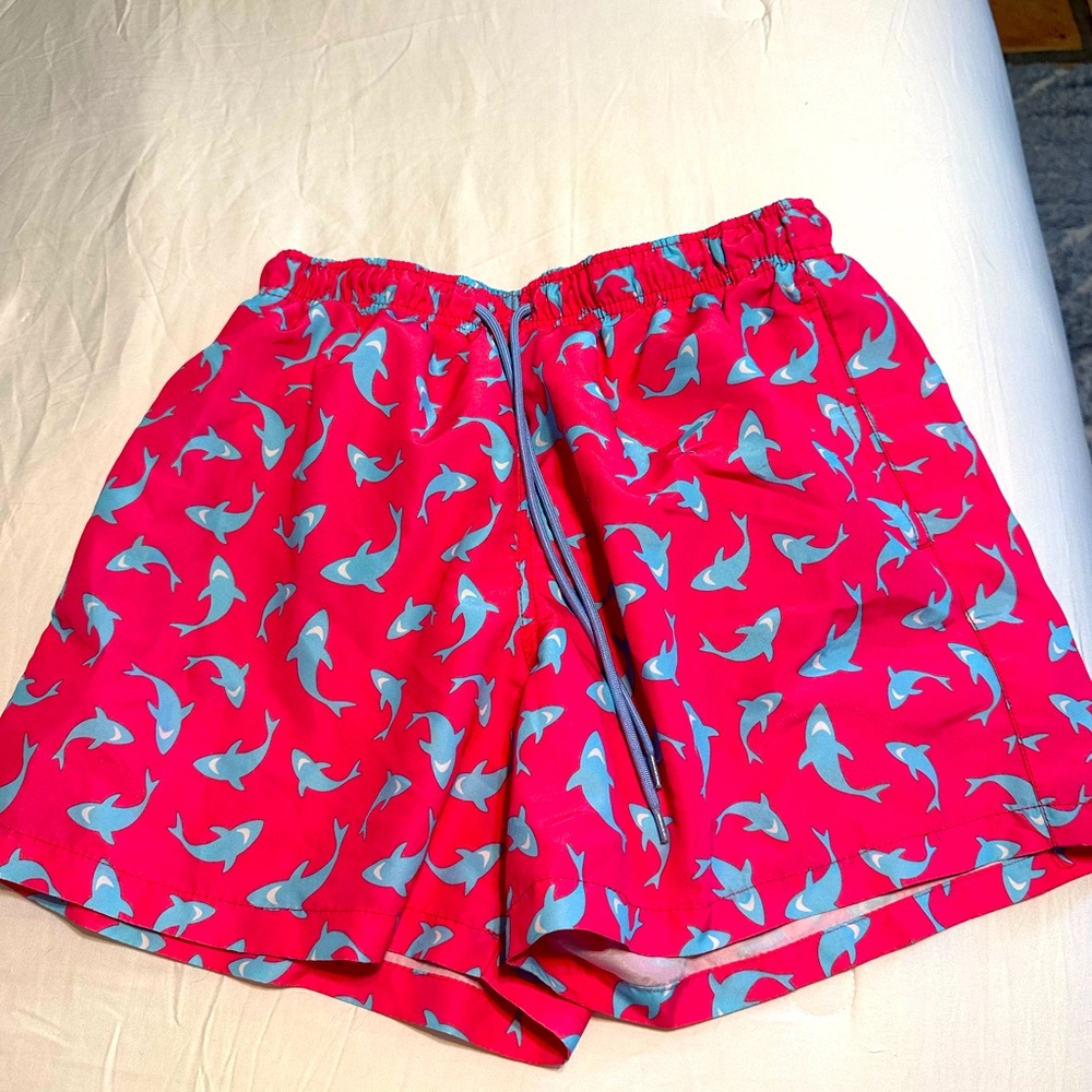 Happy Hour Swim Trunks Men Small Pink Sharks Mesh Lined Shorts Elastic Waist